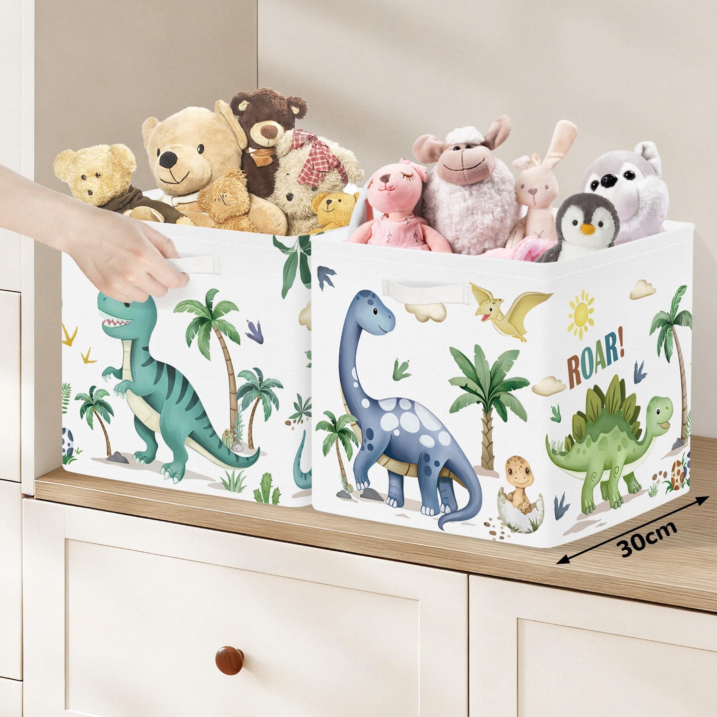 Clastyle 3 Pack 11.8'' Fabric Dinosaur Storage Basket for Shelves Collapsible Closet Organizers with Metal Frame Bottom Board Large Kid Clothes Toy Book Cube Bin for Playroom Bedroom,Boho