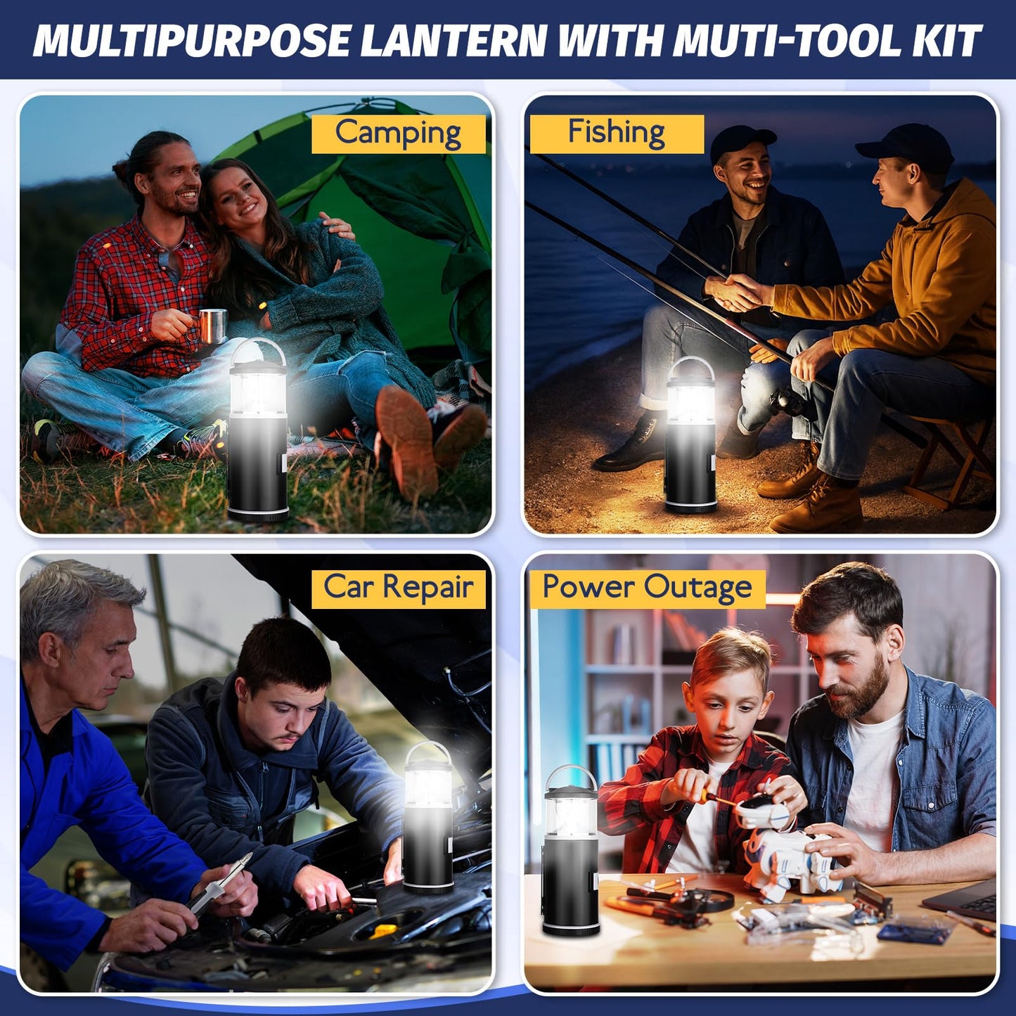 4 Pack Hunting and Fishing Gifts for Men/dad, LED Camping Lantern with 15pcs Multi Tool Kit Portable Emergency Lantern with Screwdriver for Outdoors Father's Day Birthday Present for Dad