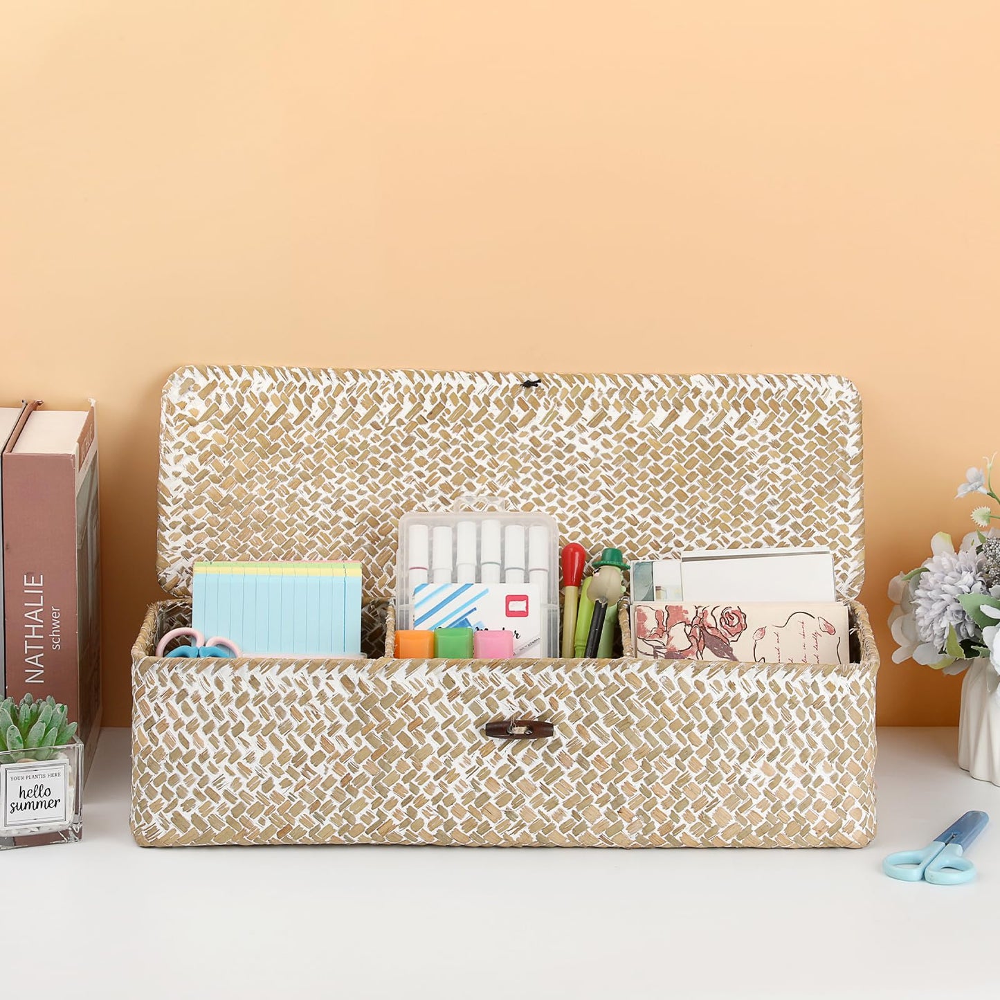 Hipiwe Storage Basket with Lid 3 Sections Handwoven Seagrass Basket Rectangular Closet Organizer Bin Multipurpose Storage Box for Bathroom Shelf Kitchen, Whitewash