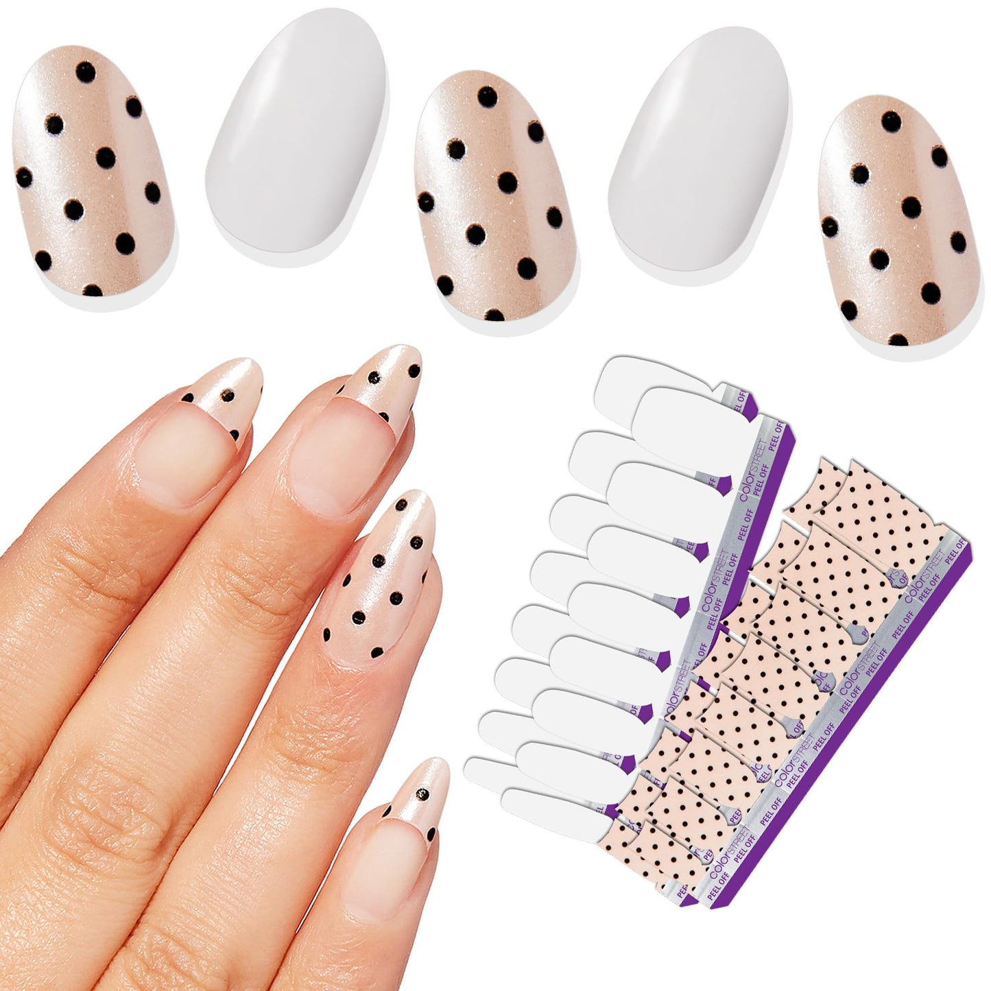 Color Street - Spotted on Set - Champagne French Tip Nails with Black Polka Dots, Real Nail Polish Strips, Shimmer Style Manicure - 16 Double-Ended Strips