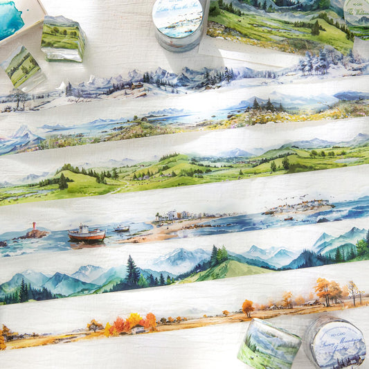 12 Rolls Forest Natural PET Washi Tape Set, Transparent Waterproof Landscape Decorative Tape, 30mm Wide 6.56ft Long/Roll Irregular Aesthetic Masking Tape for Crafts Journaling Scrapbook Supplies