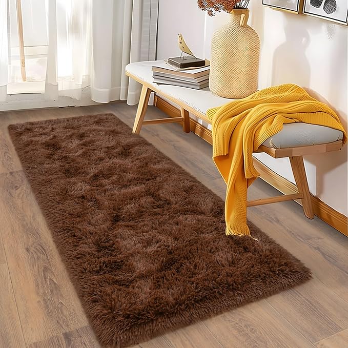 Soft Runner Rugs for Bedroom Hallways, 2x6 Brown Fluffy Shag Throw Area Rug Non Slip for Bedside Dorm, Long Shaggy Furry Carpet for Nursery Living Room