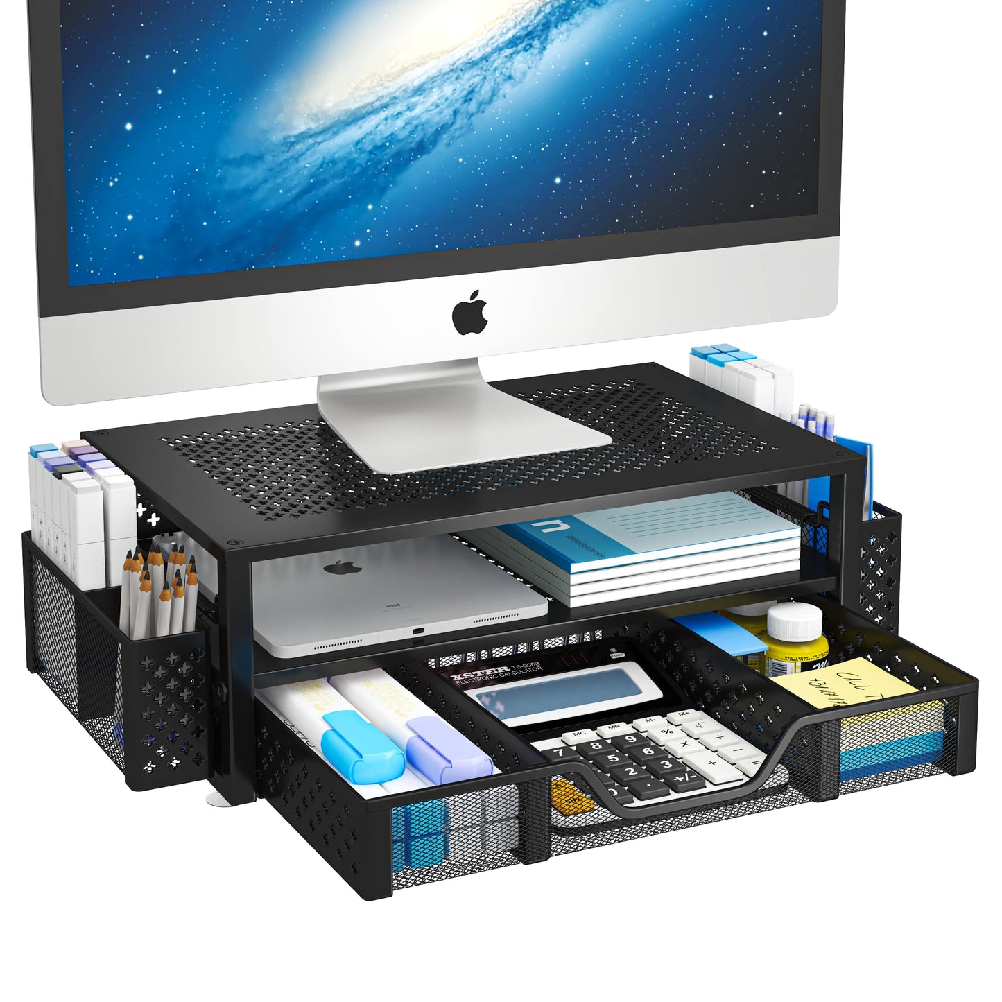Simple Trending Desk Organizer and Accessories, 2 Tier Computer Metal Monitor Stand Riser with Drawer and Pen Holder for Laptop, Computer, iMac, Black