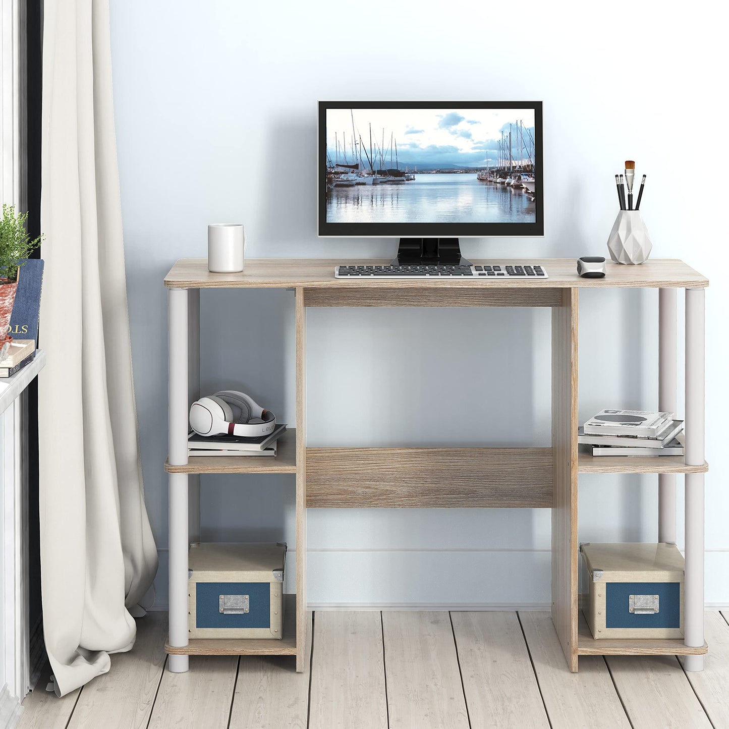 SHW 38-Inch Home Office Wood Desk with Double Sided Shelves, Oak