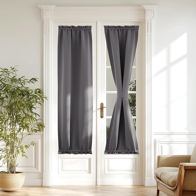NICETOWN Grey Door Curtains for Window - 20 x 72 inches Long Blackout Thermal Insulated Sidelight Curtain for French Front Glass Window, Privacy Door Shade for Kitchen - 1 Panel with TieBack