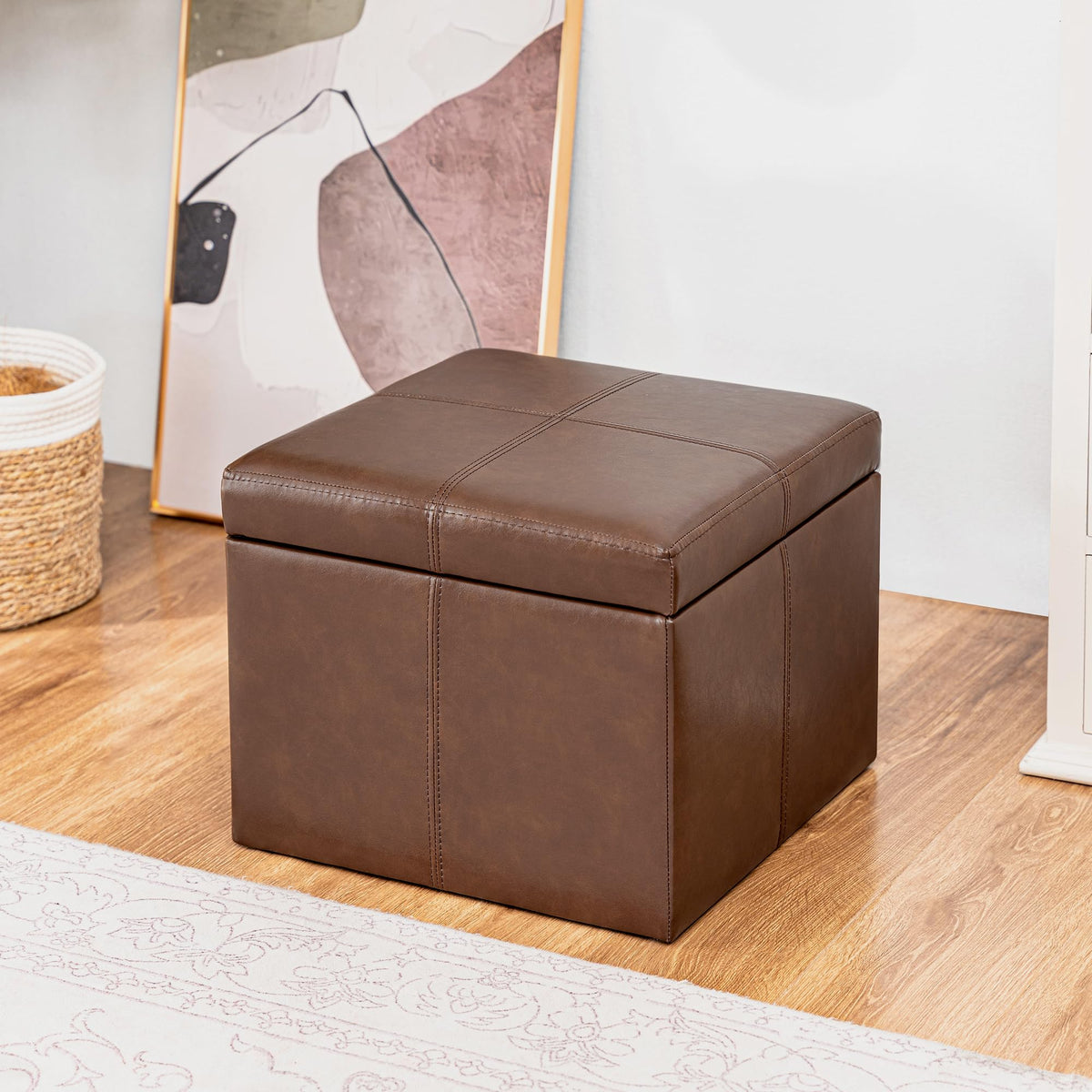Faux Leather Storage Ottoman Bench for Living Room & Bedroom