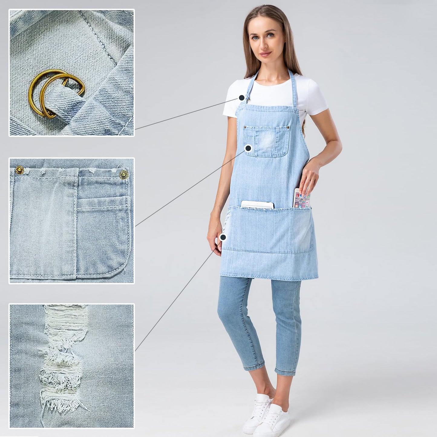 Jowcud Denim Apron With 5 Pockets for Cooking Kitchens,Hairstylist Aprons for Women Men,Adjustable Bib Jean Apron for Arts Gardening Cafes Bars Work