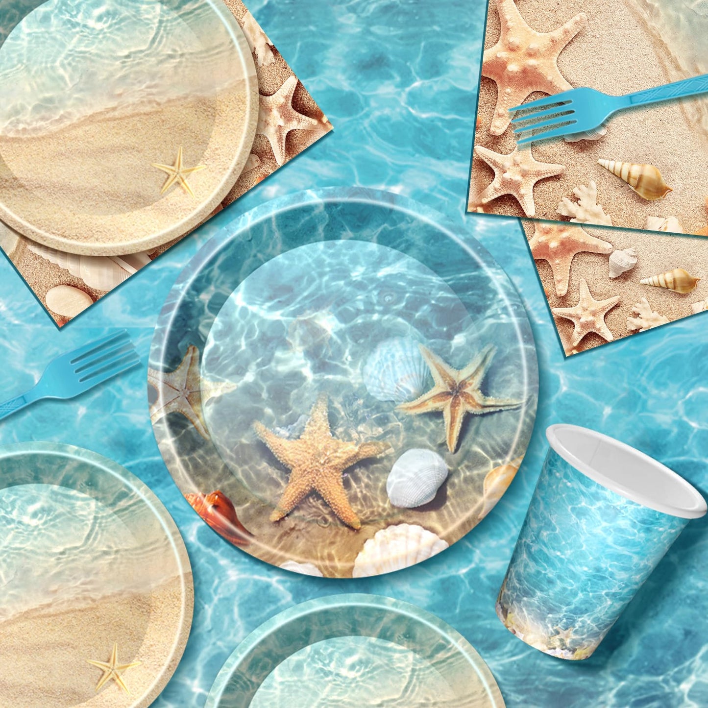 Seashell Party Supplies Ocean Beach Party Supplies Tableware with Seashell Beach Paper Plates Napkins Cups Tablecloth Banner for Summer Hawaiian Birthday Decorations, Serves 24