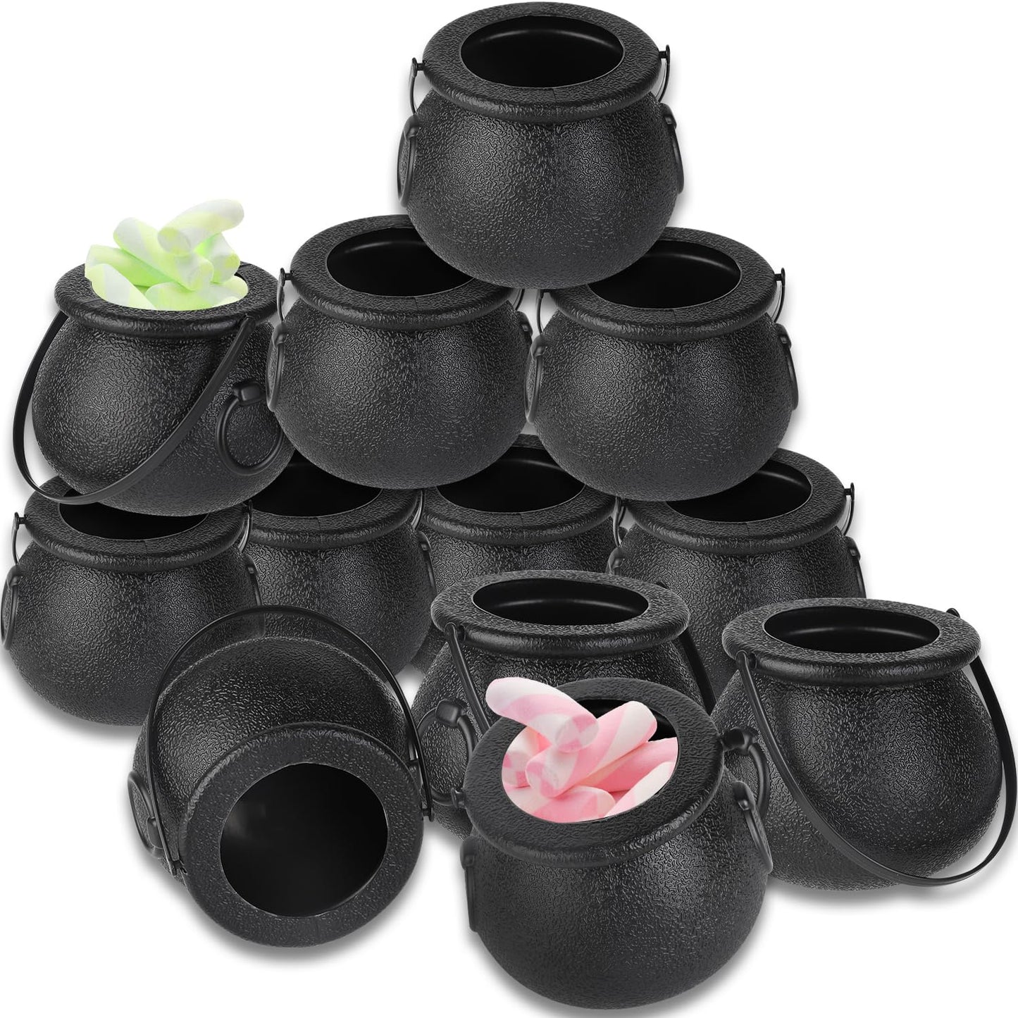 Junware 12pcs Mini Cauldrons with Handle Halloween, Witch Mini Cauldron Multi-purposed, Plastic Cauldron Candy Holder for Halloween & St. Patrick’s Day Party Favors Decor, Halloween Pot