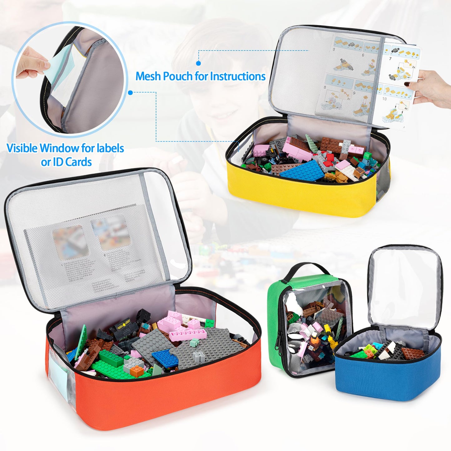 Rexmica 4-piece Toy Storage Organizer Bag, Travel Organizer Case for Building Blocks, Dolls, Crafts, Magnetic Building Tiles, Blocks Toy Storage Bag with Visible Top