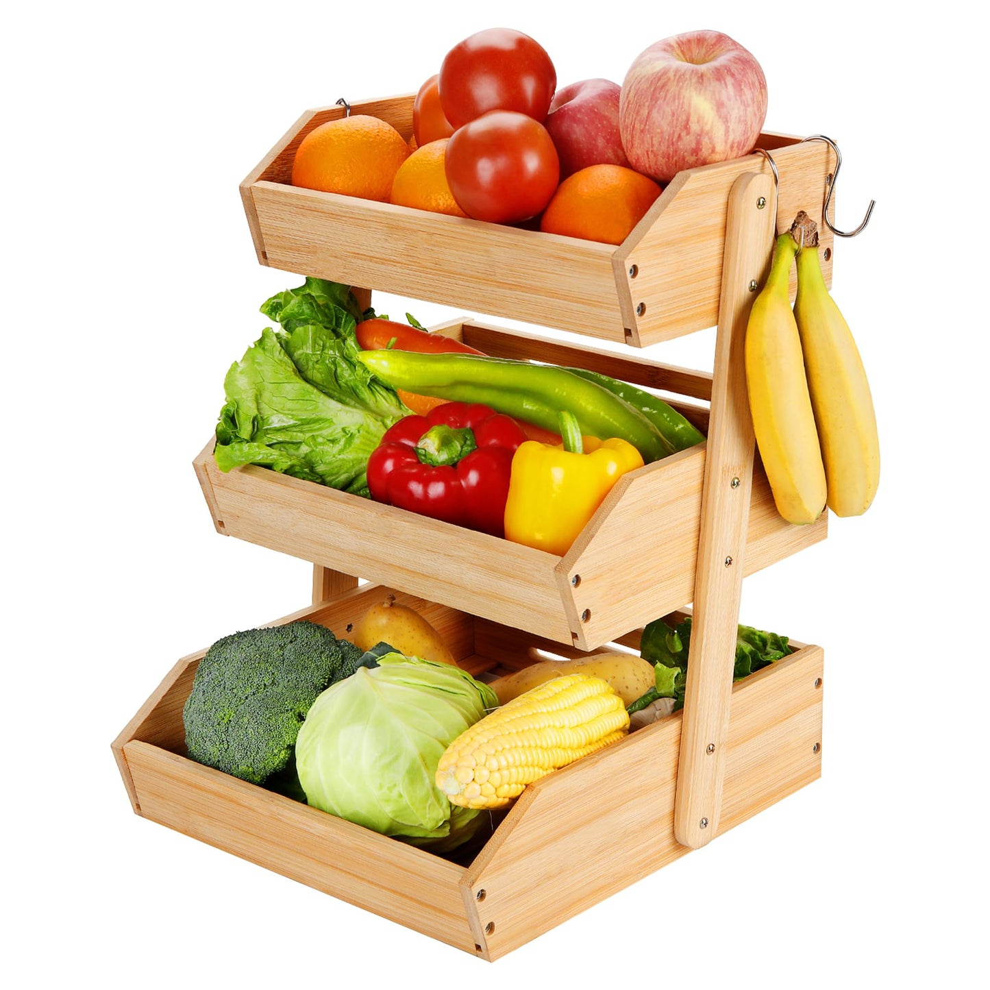 Fyvva Bamboo Fruit Basket, 3-Tier Fruit Basket for Kitchen Counter, Large Fruit Bowl with 2 Banana Hangers for Storing Fruit, Vegetables, and Organising Snacks, Bread (Natural)