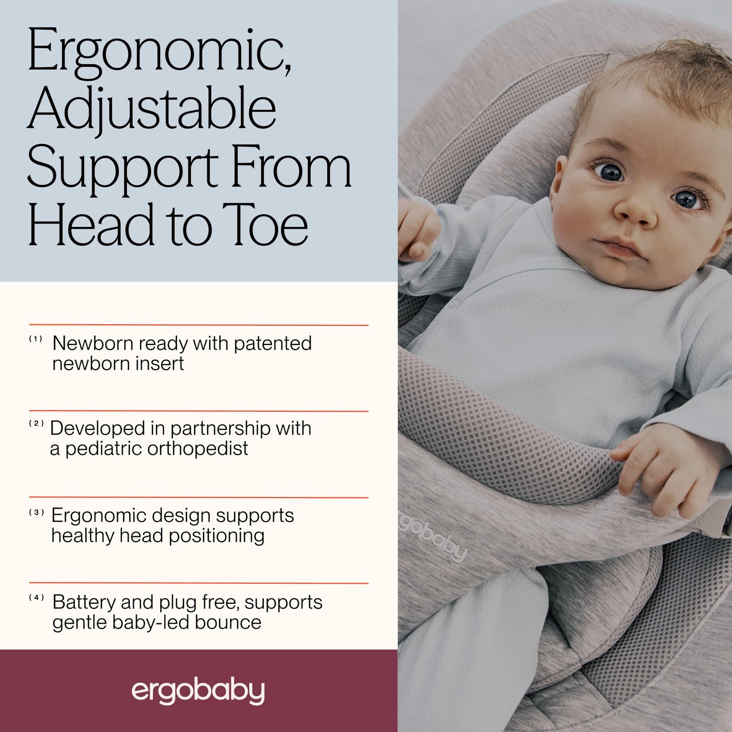 Ergobaby Evolve 3-in-1 Bouncer Seat for Babies and Toddlers 5.5-25lbs - Multi Position Baby Rocker Seat with Adjustable Heights, Secure Harness, Newborn Insert - Sage Green