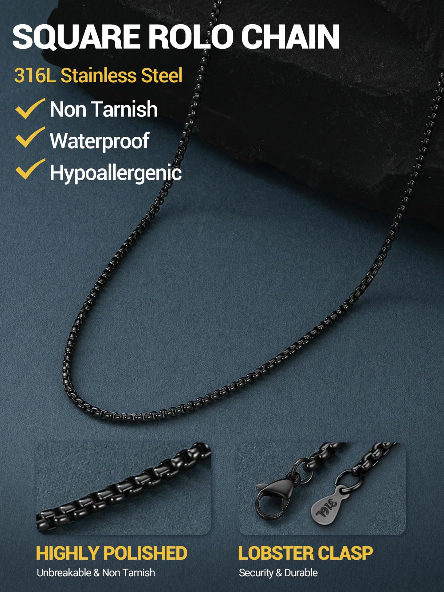 PROSTEEL Mens Chain Necklace, Squre Rolo Link Chains Black Stainless Steel Necklace 2mm Waterproof & Durable Men and Women Jewelry with Gift Box 20in