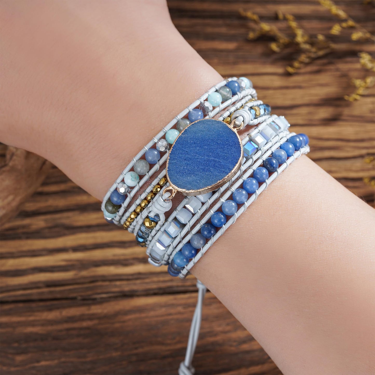 Plumiss Boho Handmade Stone Bracelet for Women Unique Healing Blue Aventurine Jasper Beaded Leather 5X Wrap Bracelets Jewelry for Women