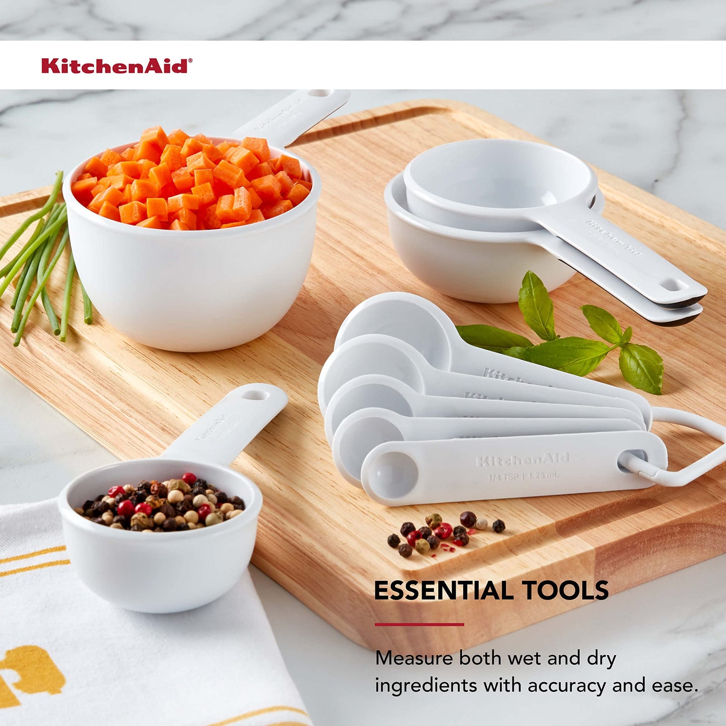 KitchenAid Universal Easy To Read Measuring Cup and Spoon Set with Soft Grip Handle for Maximum Control, Hang Hole and Nesting For Easy Storage, Dishwasher Safe, 9 Piece, White