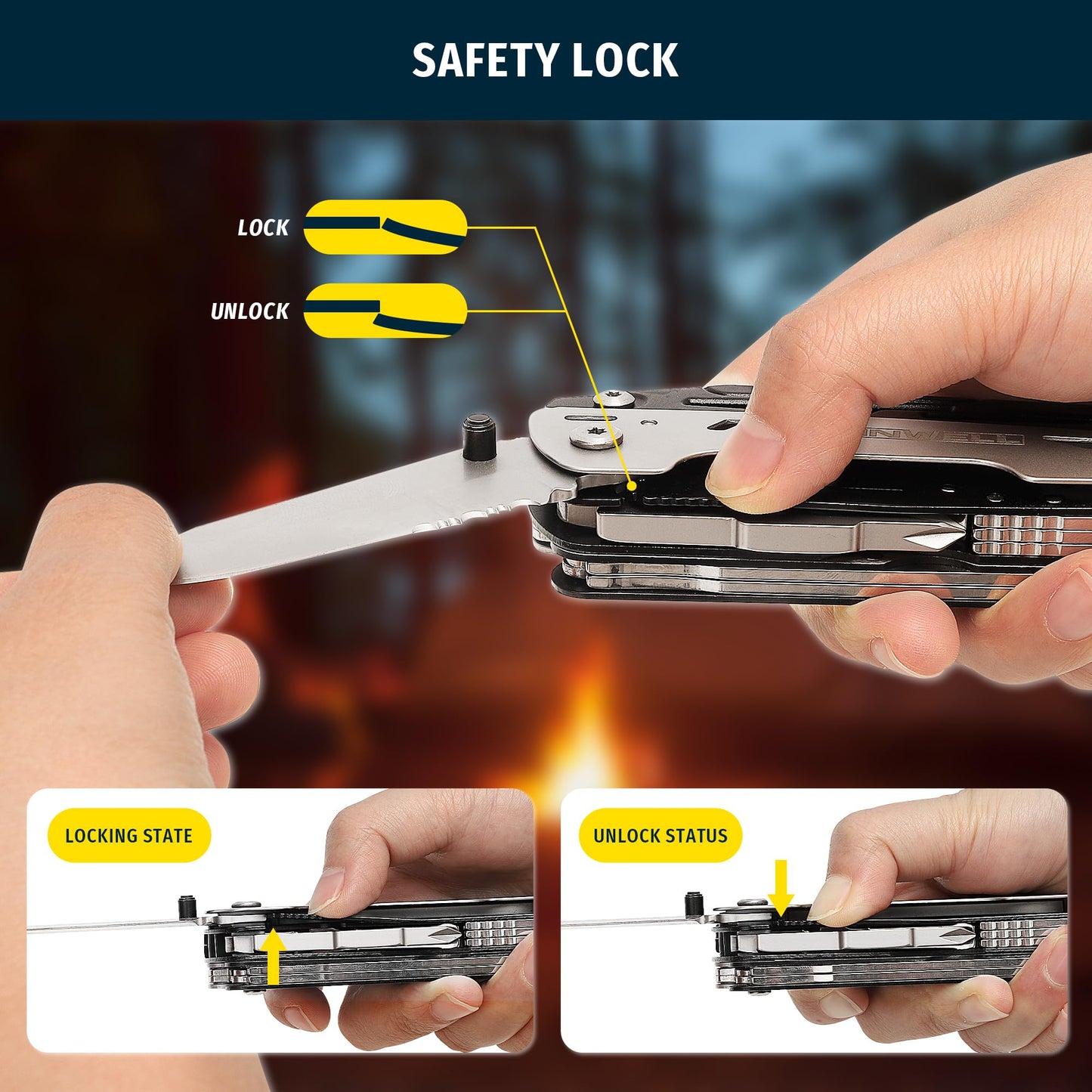 INWELL 12-in-1 Multitool Pliers with Safety Lock, Fire Starter & Whistle, Stainless Steel Pocket Knife, Camping Multitool with Detachable Scissors for Outdoor Survival, EDC Gear