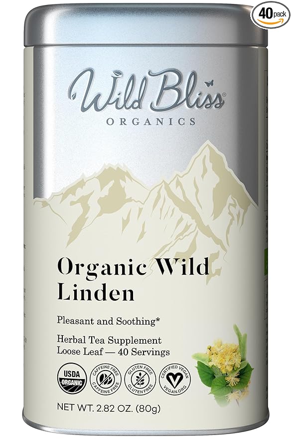 Wild Bliss Organic Linden Flower Tea - Caffeine Free Loose Leaf Calming Herbal Tea - 1.76 Ounces - 40 Servings