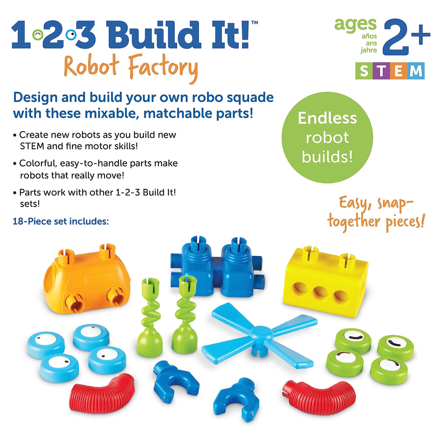 Learning Resources 1-2-3 Build It Robot Factory - Building Robots for Kids, Robot STEM Toys, Kids Engineering Toys, Toddler STEM Activity, Robots Building Kit