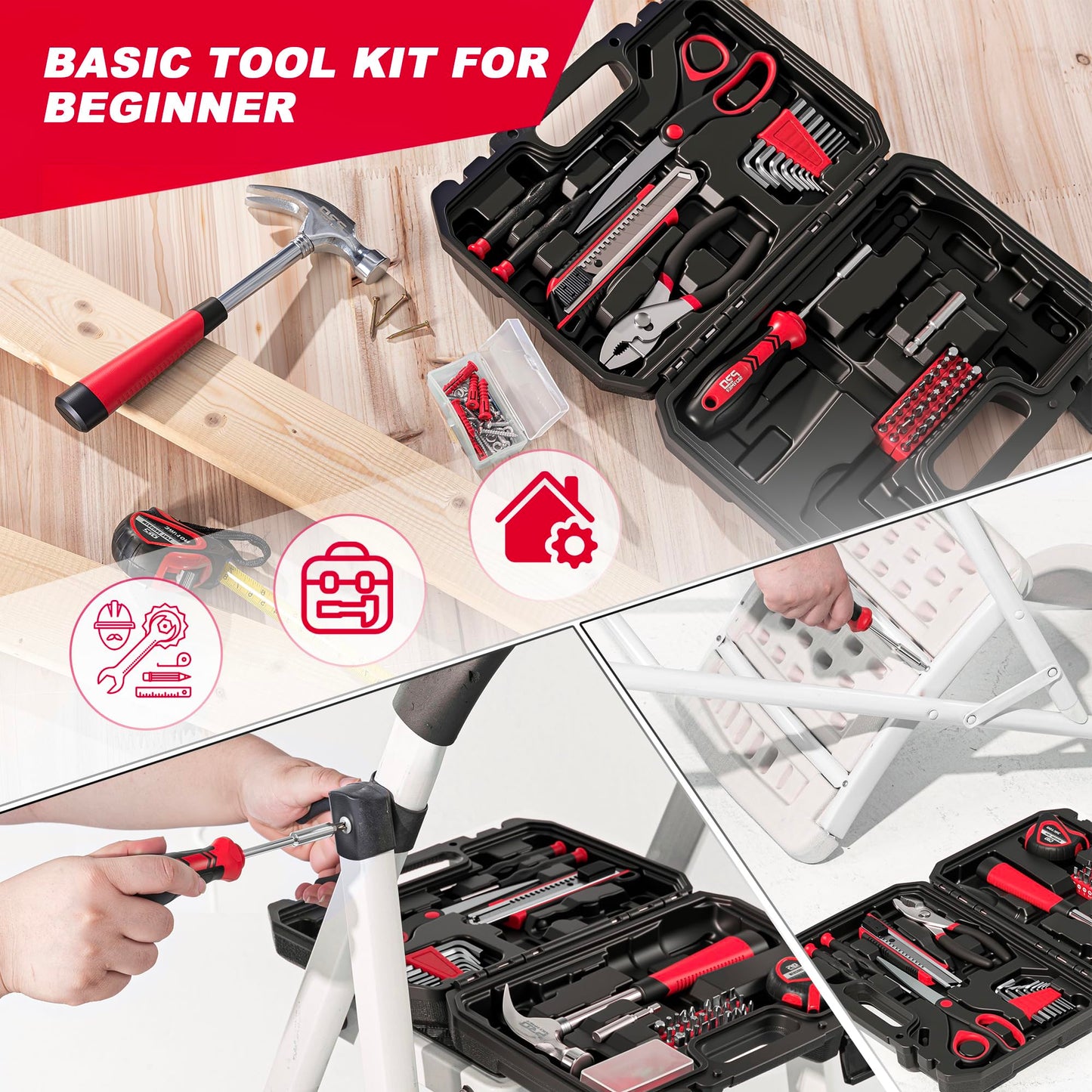 Prostormer 93-Piece Tool Kit, Basic Household Repair Tool Set with Toolbox Storage Case, Small Starter Tool Box Kit for Homeowners and College Students (Red)