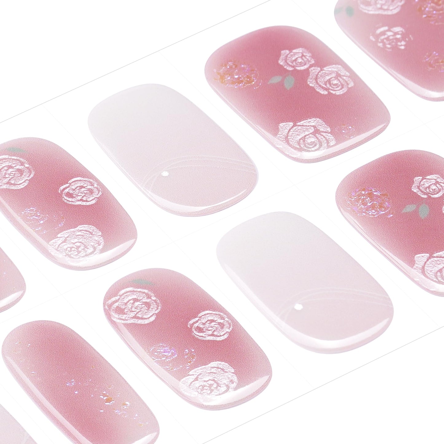 DANNI & TONI Semi Cured Gel Nail Strips Floral (Petal Kiss) Pink White Ombre Gel Nail Wraps 28 Stickers