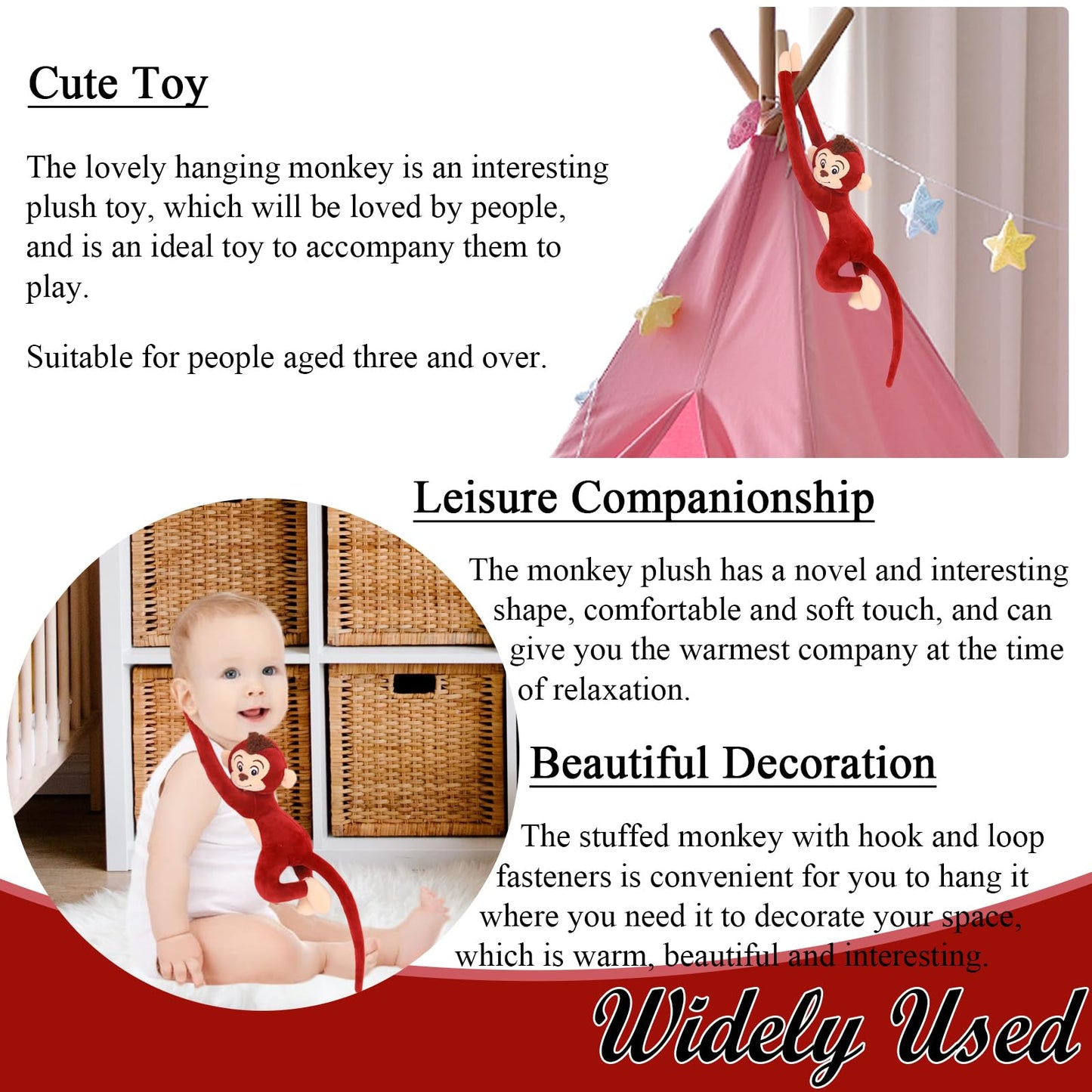 zhidiloveyou 2PCS Hanging Monkey Stuffed Animals Plush Cute Red Monkey Toy for Kids, 27.6"