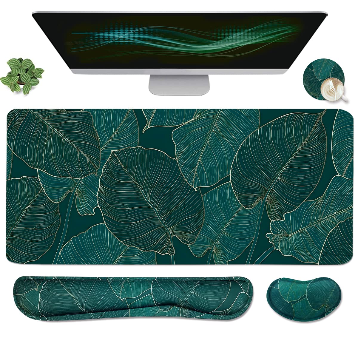 Ergonomic Large Mouse Pad and Keyboard Wrist Rest, Desk Pad for Keyboard and Mouse, 4-in-1 Large Gaming Mouse Pad with Wrist Support for Home Office Study Game-Green Leaves