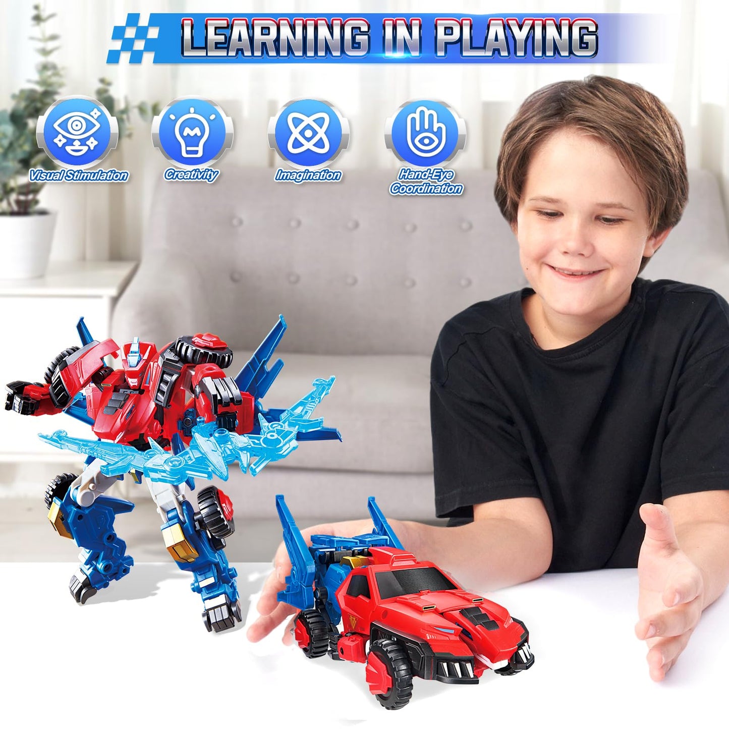 QUANTUM HEROES DINOSTER Transformable Robot 2 in 1 Raptor Bolt Wing, 8.66 inch, Transforming Robot Toy for Kids, Chariot Transforming Toy for Boys Girls 5 6 7 8 9 10 Years, Red Blue