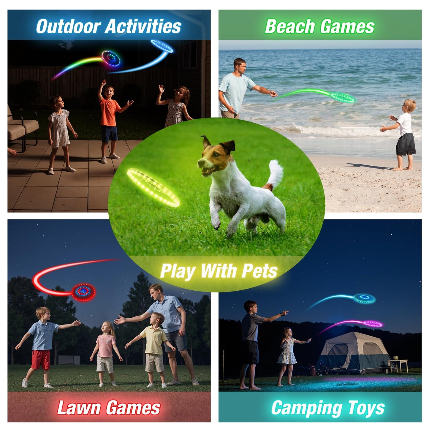 HYES 2 Pack Light up Flying Discs for Kids, Rechargeable Disc with 45 LEDs, 14 Lighting Modes(10")&Built-in Battery Disc(7.8"), Glow in The Dark Ring for Beach/Camping/Outdoor Sport