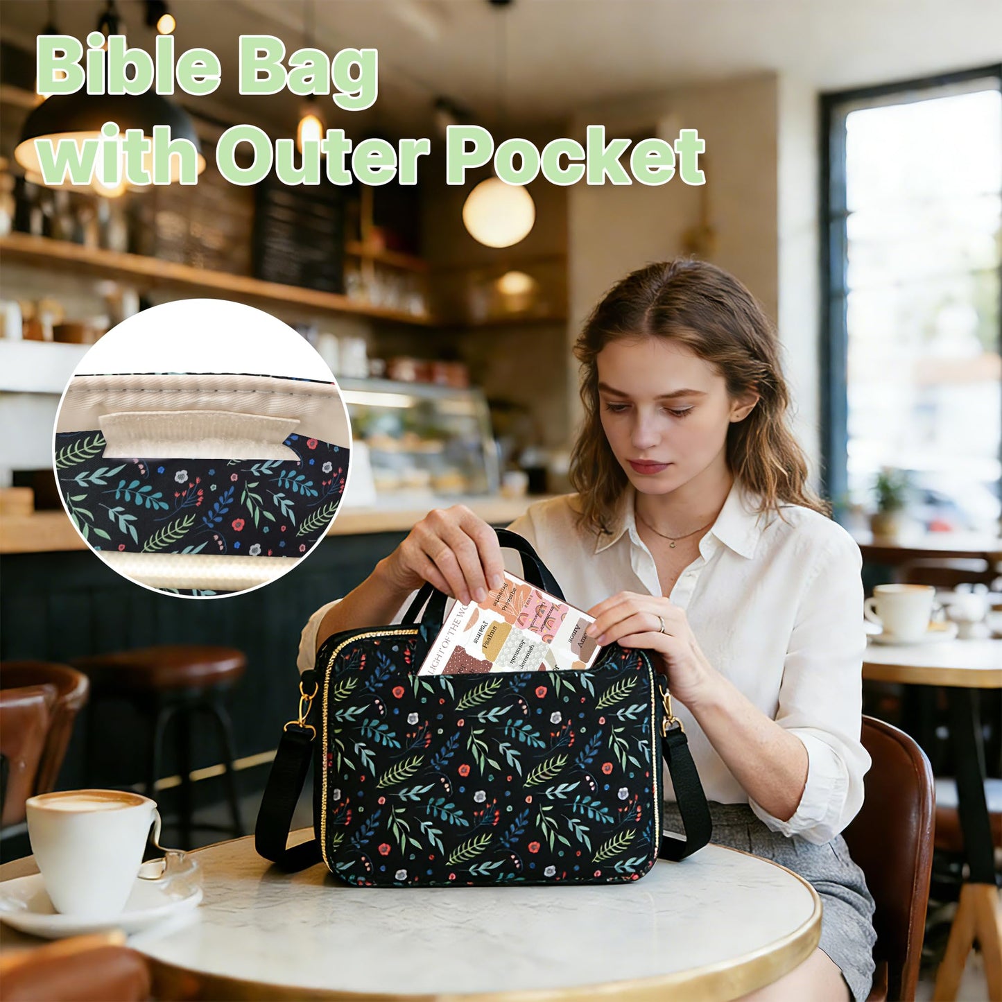 PUGPIU Bible Cover Case for Women, Large Quilted Bible Bag with Shoulder Strap and Handle, Bible Study Supplies Journaling Kit with Highlighters Pens No Bleed Tabs Notebook Cross Clips (Leaf)