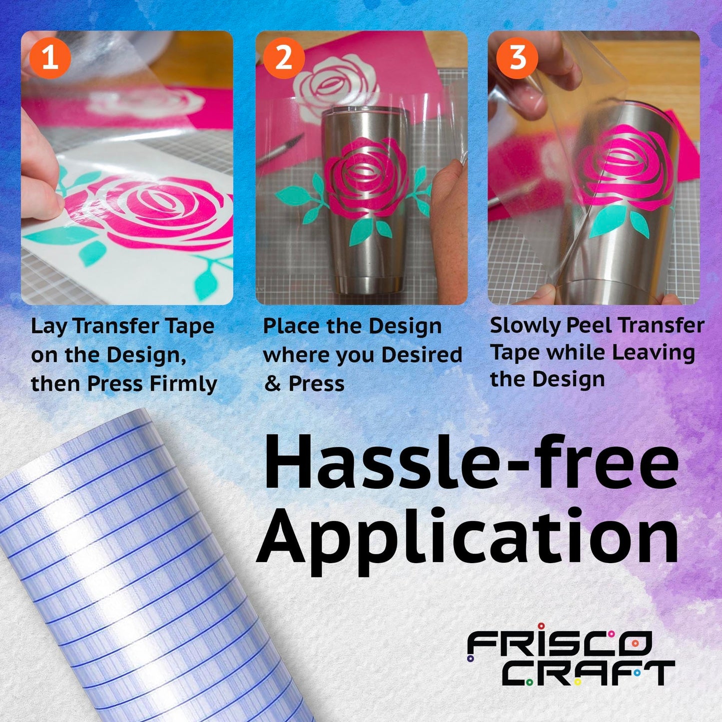 Frisco Craft Clear Transfer Tape Roll with Reusable Adhesive for Vinyl Decals - Grid Alignment & Paper, Transfer Tape for Permanently Vinyl, DIY Crafting, Decals, Letters and Signage (12" x 100ft)