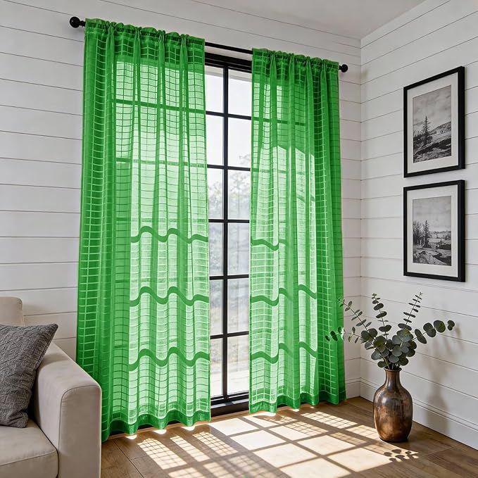 SpaceDresser Check Sheer Curtains 45 Inches 2 Panels Set, Rod Pocket Plaid Window Curtain for Living Room, Green Semi Sheer Drapes for Kitchen Bedroom Children Room Yard（Green, 52W x 45L）