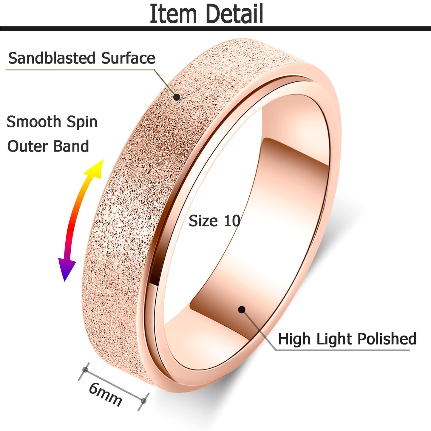 OreilleStar Anxiety Ring for Women Fidget Spinner Ring Fidget Toys Adults Titanium Stainless Steel Thumb Ring 6mm Wide Rose Gold Size 7