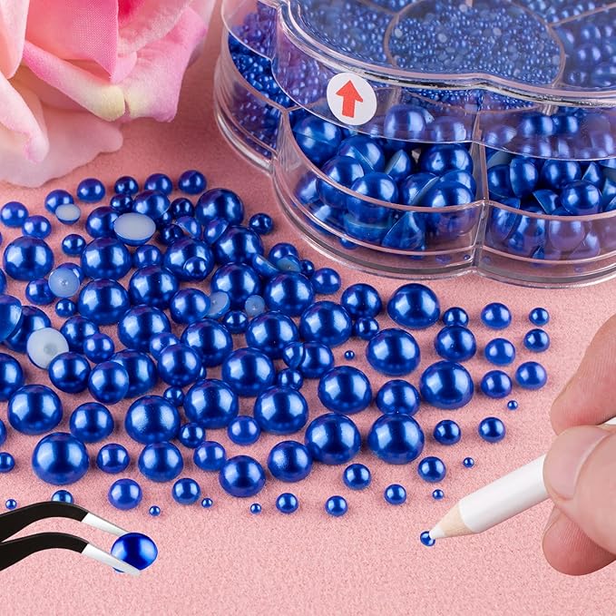 Nail Art Flat Back Half Round Pearl Kits 13, 1 Box of 6000 Pcs Flat-Back Royal Blue Pearl with Tweezer and Picker Pencil for Home DIY Nails Body Face Craft and Salon Use