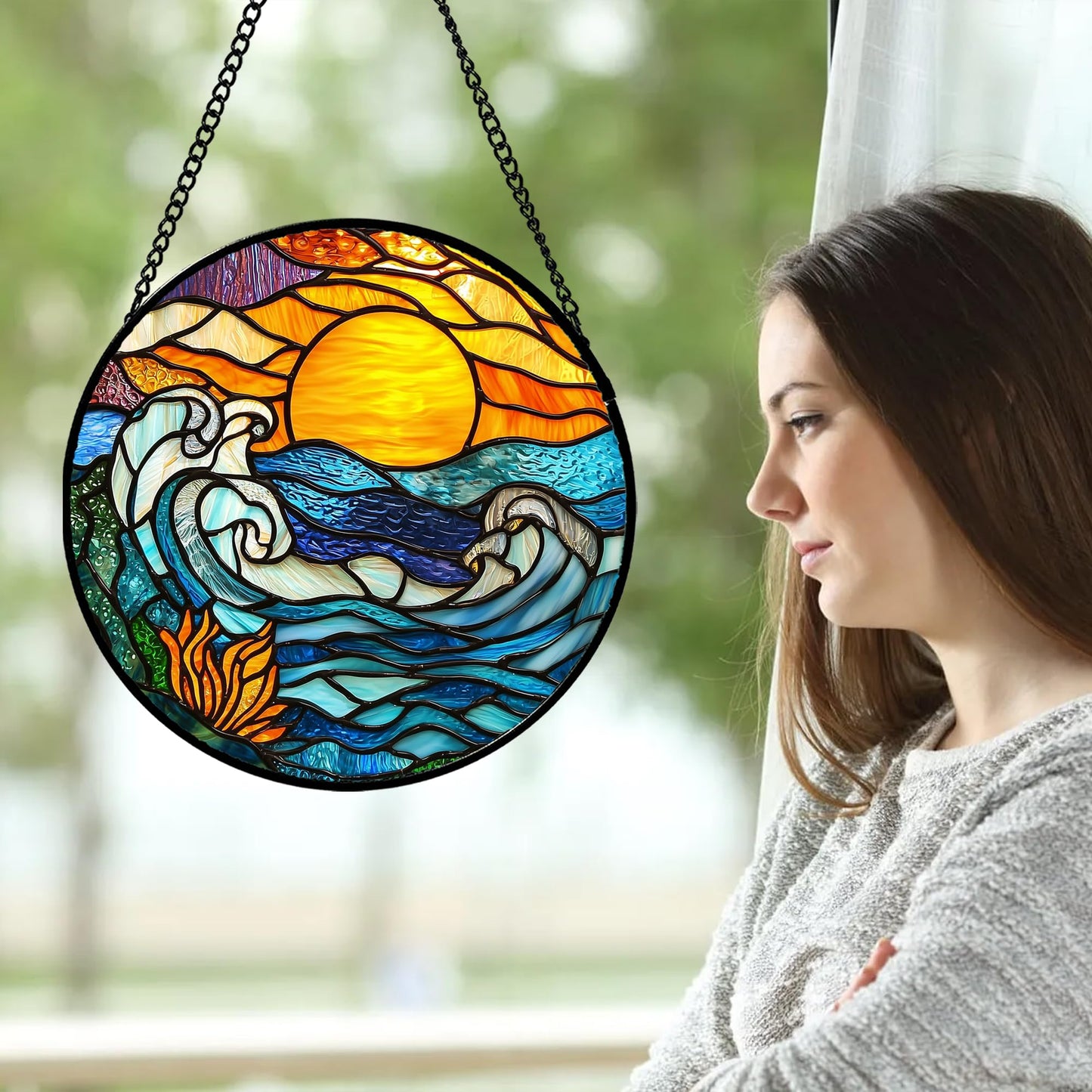 JOSUMALY Stained Glass Window Hanging, Orange Sun Blue Sea Waves Landscape Suncatcher for Doors Window Home Sun Catchers Decor Mother's Day Birthday Gifts for Women, Men Mom 9.8 in