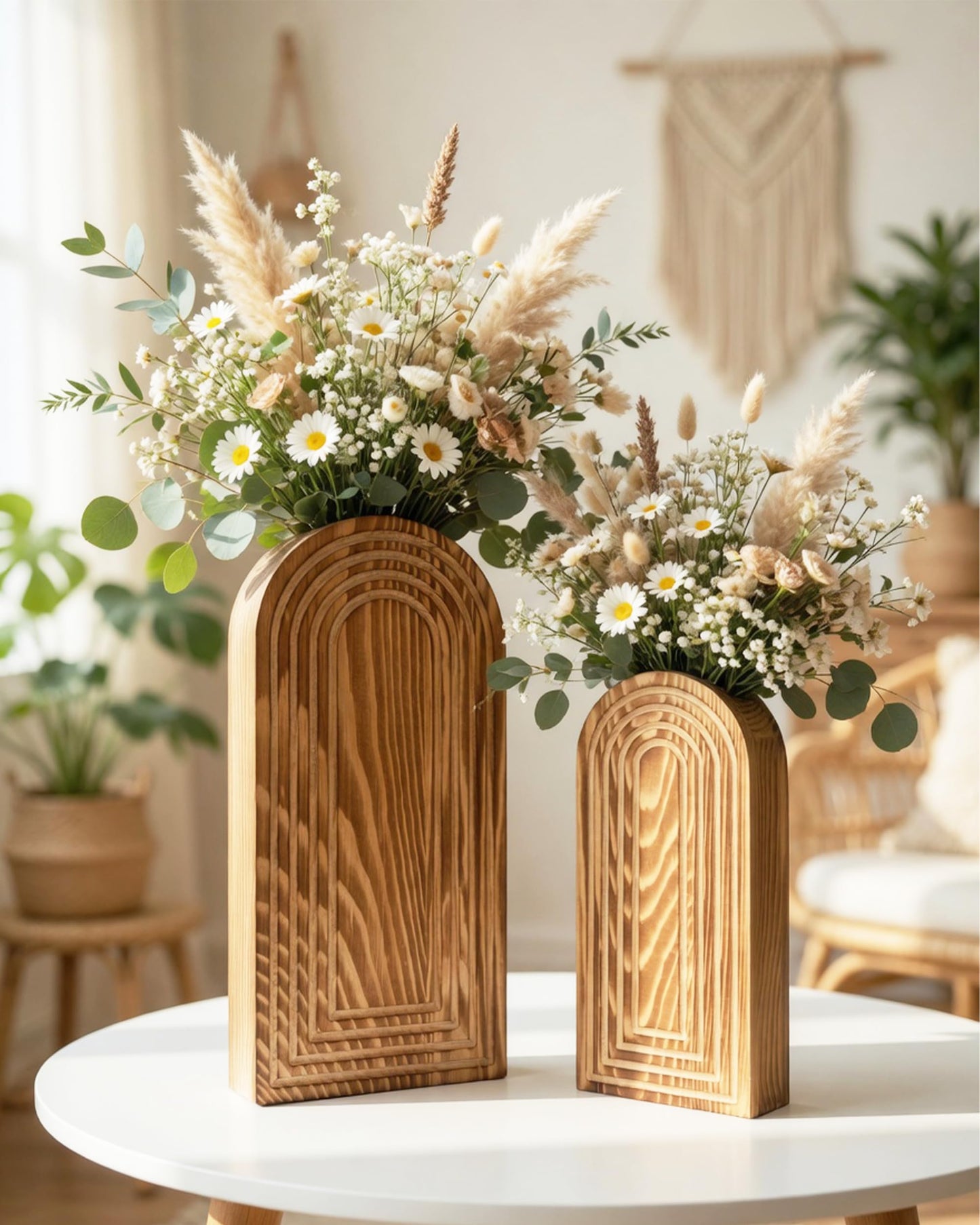 2 Pack Wooden Wall Vase Set - Boho & Modern Farmhouse Wall Decor, Hanging Planter for Indoor Plants & Flowers, Wood Mounted Art for Living Room, Bathroom, Hallway, Home Decor (Burnt Wood, Medium)