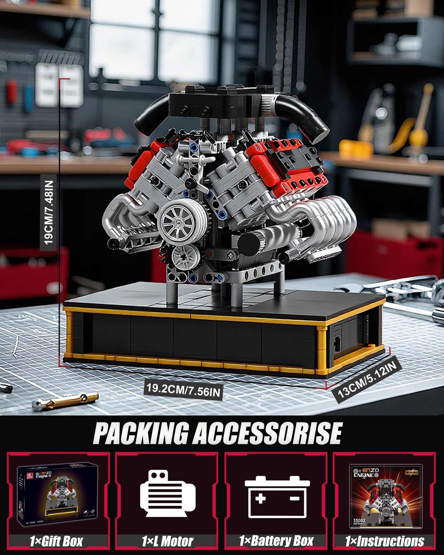 MOCBURIKU V8 Engine Building Set, Build Your Own Mini V8 Model Engine Kit that Run with Battery and Motor, 8-Cylinder Car Model Engine Building Toys for Adults Kids Age 14+ (1079PCS)