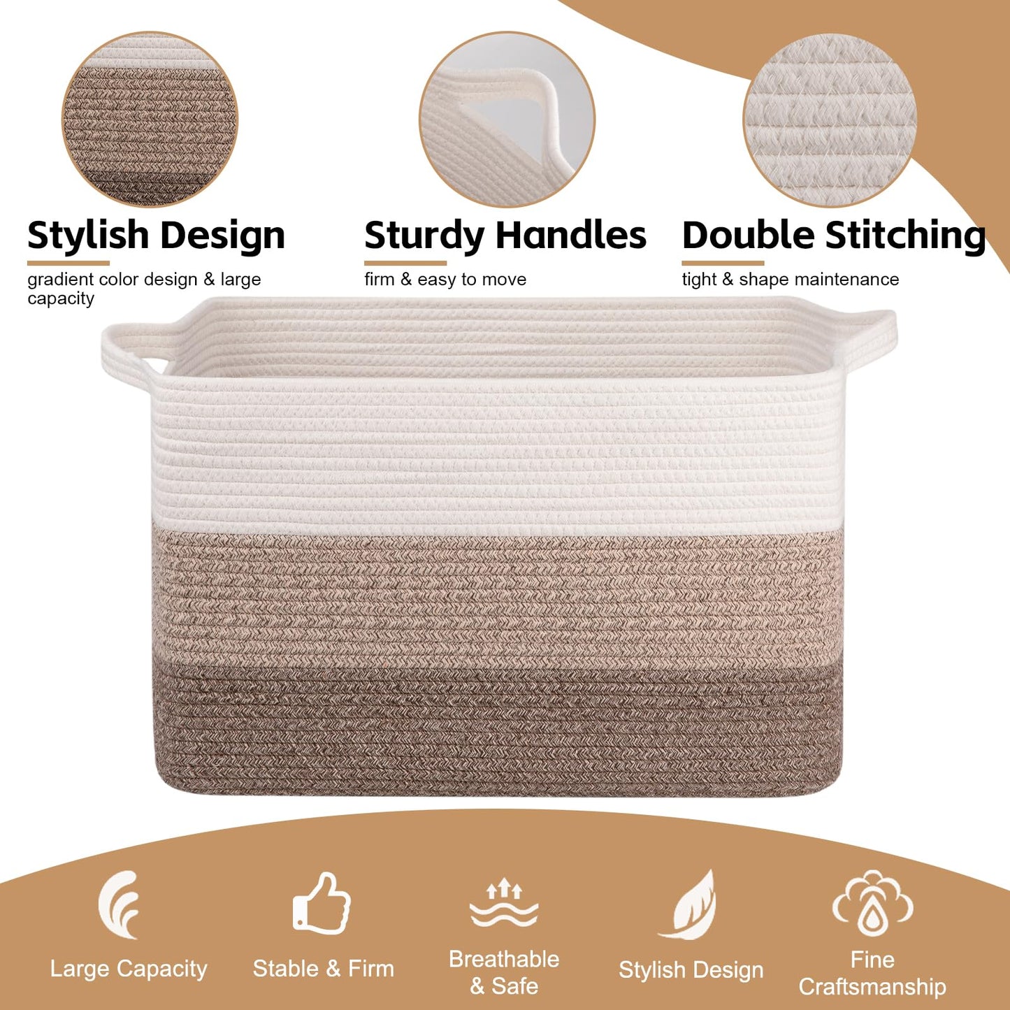OIAHOMY Extra Large Blanket Basket, 95L Woven Storage Basket, Cotton Rope Toy Bin for Baby Room, Container for Storage in Living Room, 24''×17''×14'', Gradient Brown