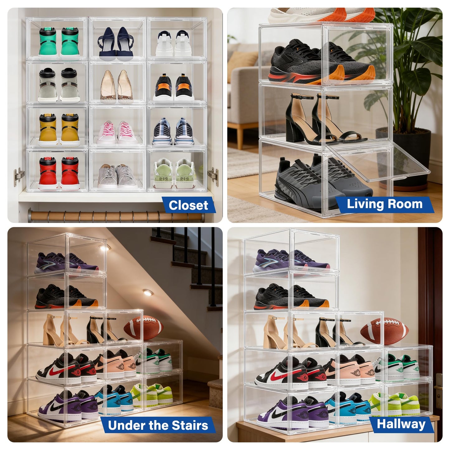 EZJOB 2 Pack Drop Front Shoe Boxes Acrylic Box Sneaker Case Size 12, Transparent Display Cases for Sneaker Collections, Baseball Caps, Hat Organizer Dust-free Shoe Cubbies Stackable Sneaker Boxes