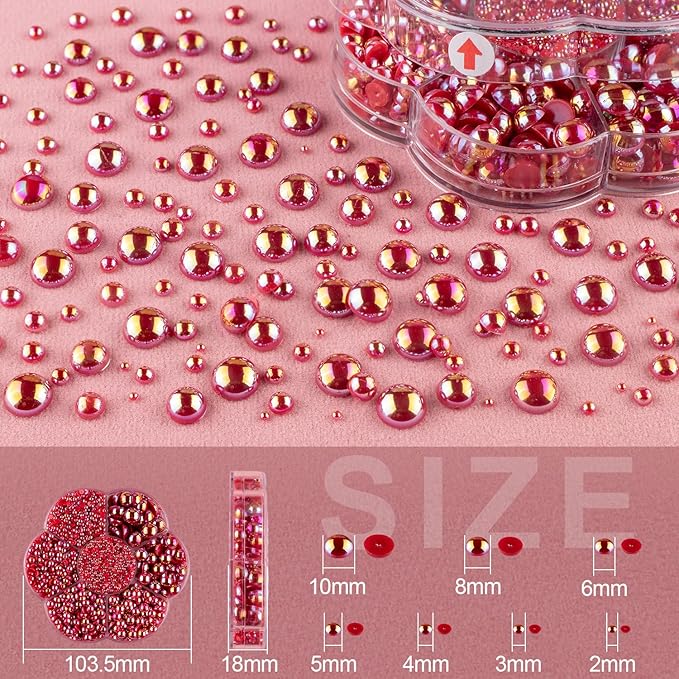 Nail Art Flat Back Half Round Pearl Kits 16, 1 Box of 6000 Pcs Flat-Back Red AB Pearl with Tweezer and Picker Pencil for Home DIY Nails Body Face Craft and Salon Use