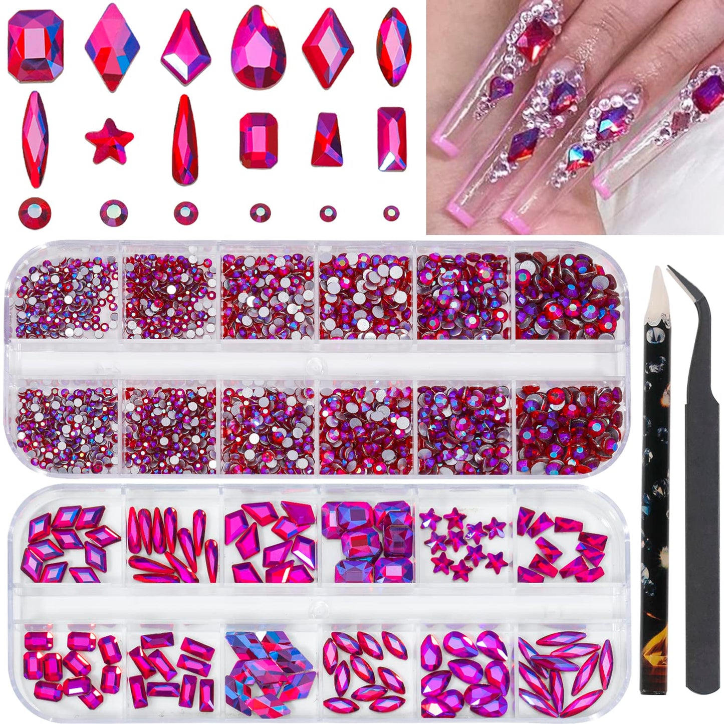 Nail Rhinestones - 3D Multi Shape Size, Flat Back, Crystals Manicure Rhinestones Charms, Red AB Nail Gems, with Kit, for Nail Art, Bedazzling Acrylic Nails, DIY Decor