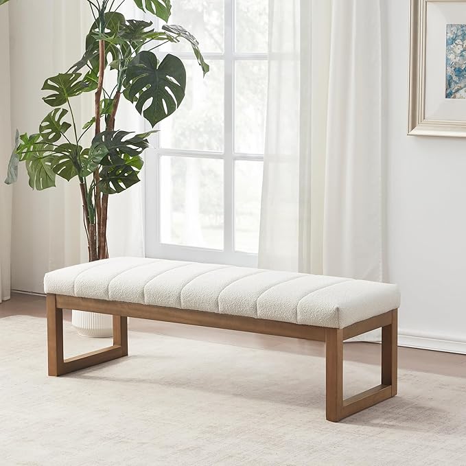 52.7" Bedroom Bench for End of Bed, Modern Upholstered Teddy Fabric Entryway Bench & Dining Bench, Footrest Stool Bench with Solid Wood Frame for Bedroom, Living Room (Beige)