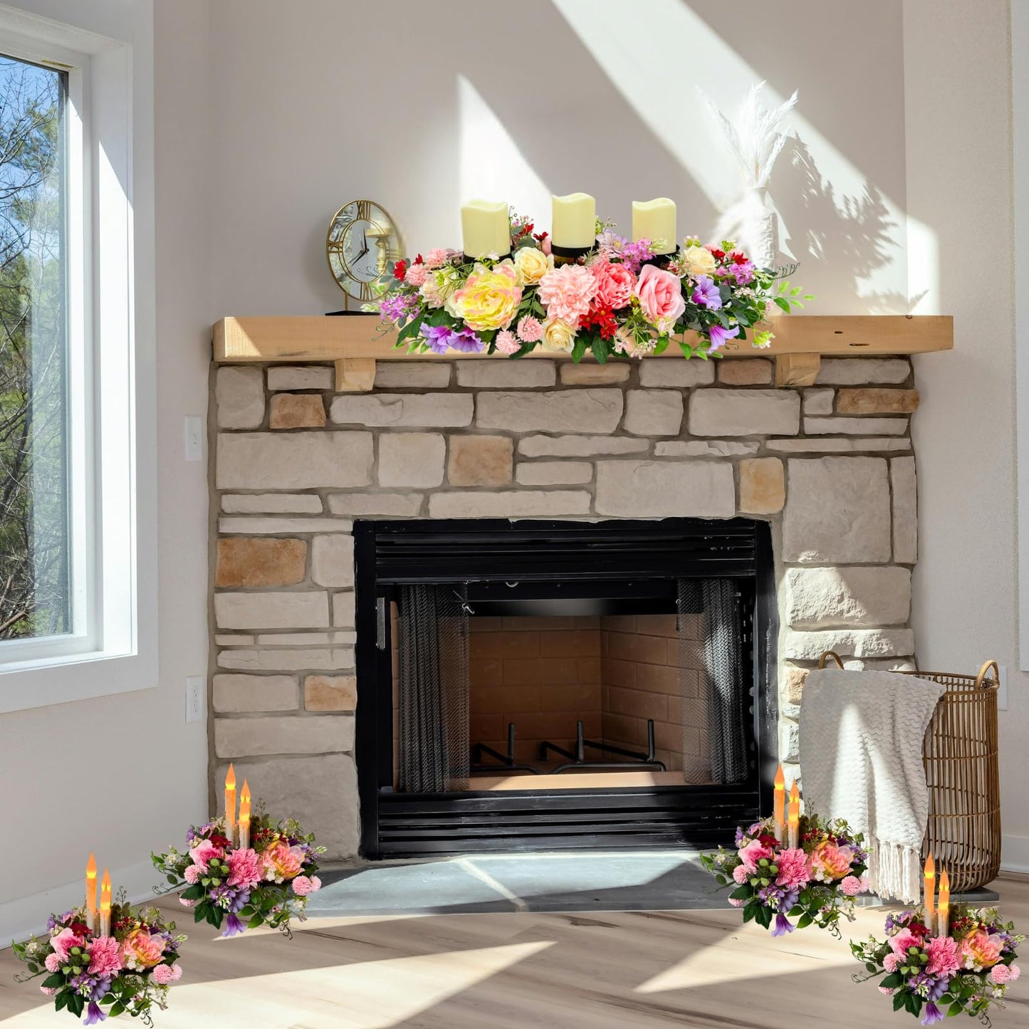 Svndlyn Candle Holder Centerpiece for Table Artificial Peonies Flowers,Rose Flowers and Morning Glory for Wedding Party Table Centerpieces Mixed Flowers Floral Arrangement Home Kitchen Decor