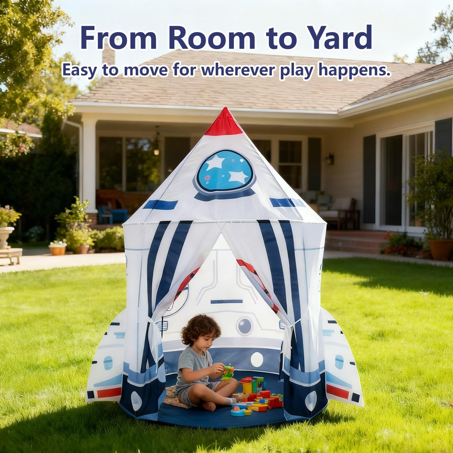 Rocket Ship Astronaut Playhouse, Kids Space Discovery Teepee with Windows, Foldable Indoor Outdoor Play Tent for Boys Girls, Toddler Adventure Room Decor