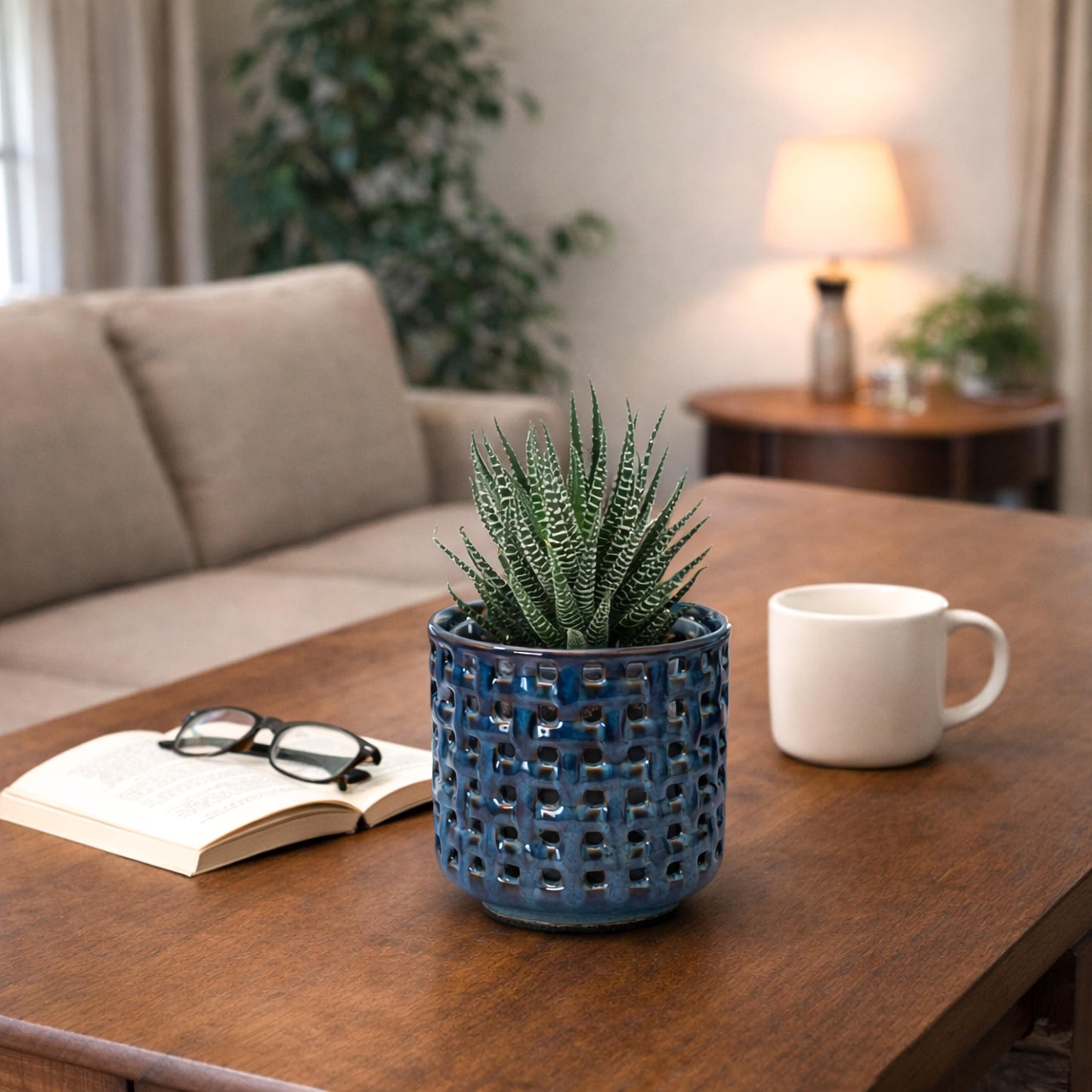 D'vine Dev 4.5 Inch Ceramic Orchid Planter with Lattice Cutout Design, Glazed Cachepot with Clear Nursery Pot & Detachable Saucer for Orchids and Indoor Plants, Midnight Blue, 28-A-Z-2