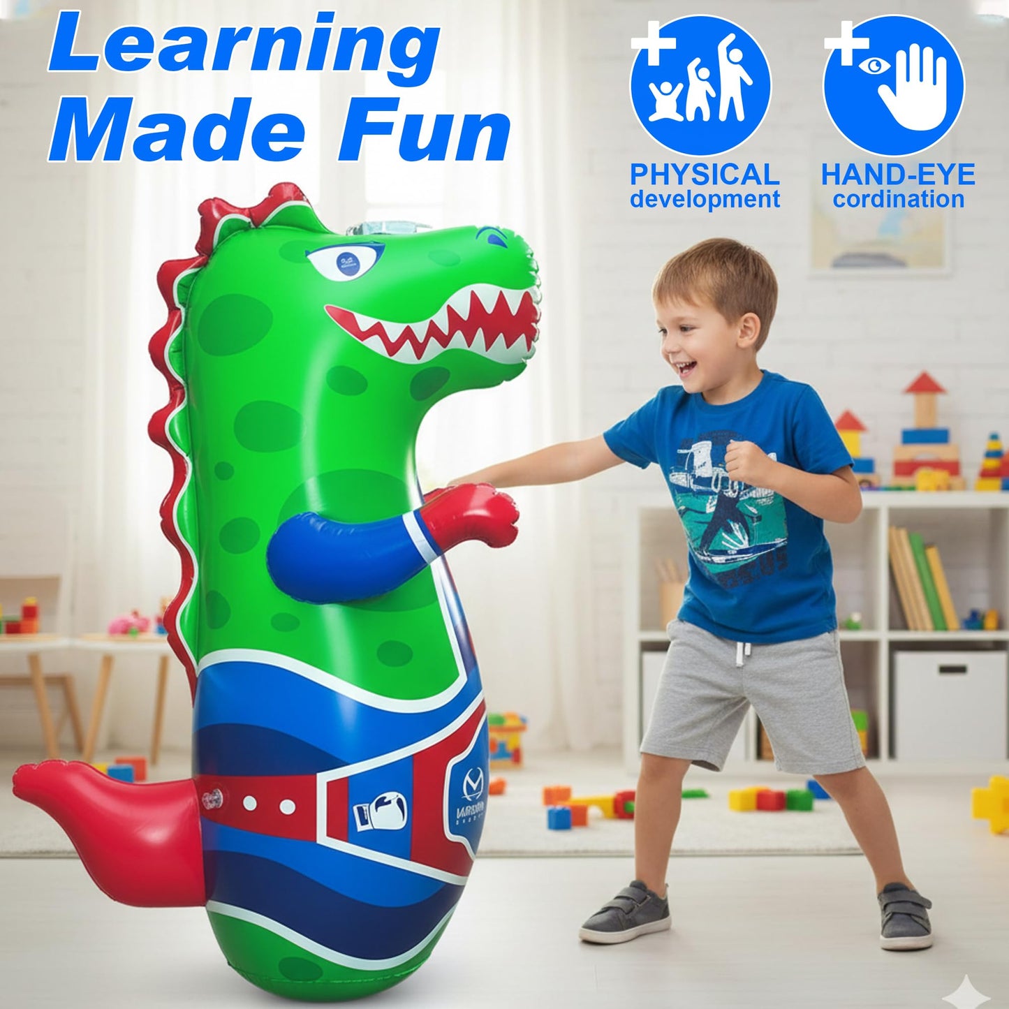 Marwan Sports Punch, Light & Roar Dinosaur Punching Bag – 47" Inflatable Bop Bag for Kids Ages 3-14 | Bounce-Back Toy with Lights & Roaring Sounds | Active Play Gift for Toddlers & Children