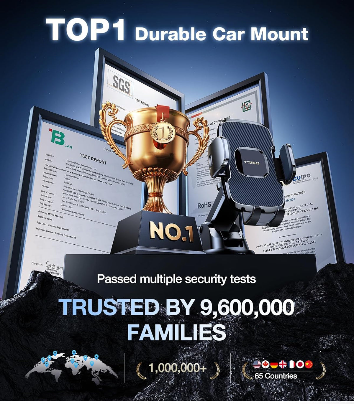 TORRAS 2025【Strongest Suction & Military-Grade】 Phone Holders for Your Car,【Patent & Safety Certs】 Car Phone Holder Mount Truck Stand for Dashboard Windshield Vent for iPhone 16 15 Pro Max, Navy Blue