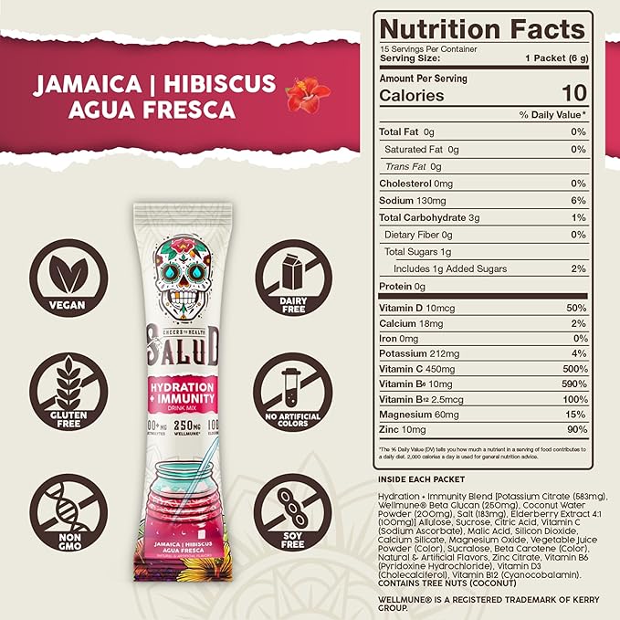 Salud 2-in-1 Hydration Packets + Immunity Electrolytes Powder, Hibiscus - Jamaica Agua Fresca Drink Mix, Elderberry, Dairy & Soy Free, Non-GMO, Gluten Free, Vegan, Low Calorie, 1g Sugar (15 Servings)