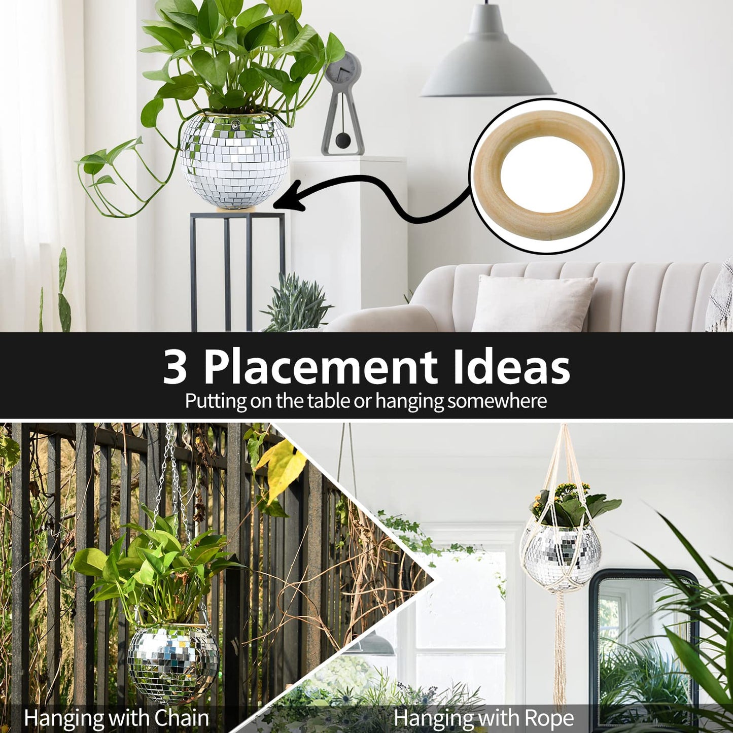 FGBNM 6" Disco Ball Planter, Disco Ball Plant Hanger with Hanging Rope, Hanging Chain, Hook, Circle and Extra Mirror Pieces
