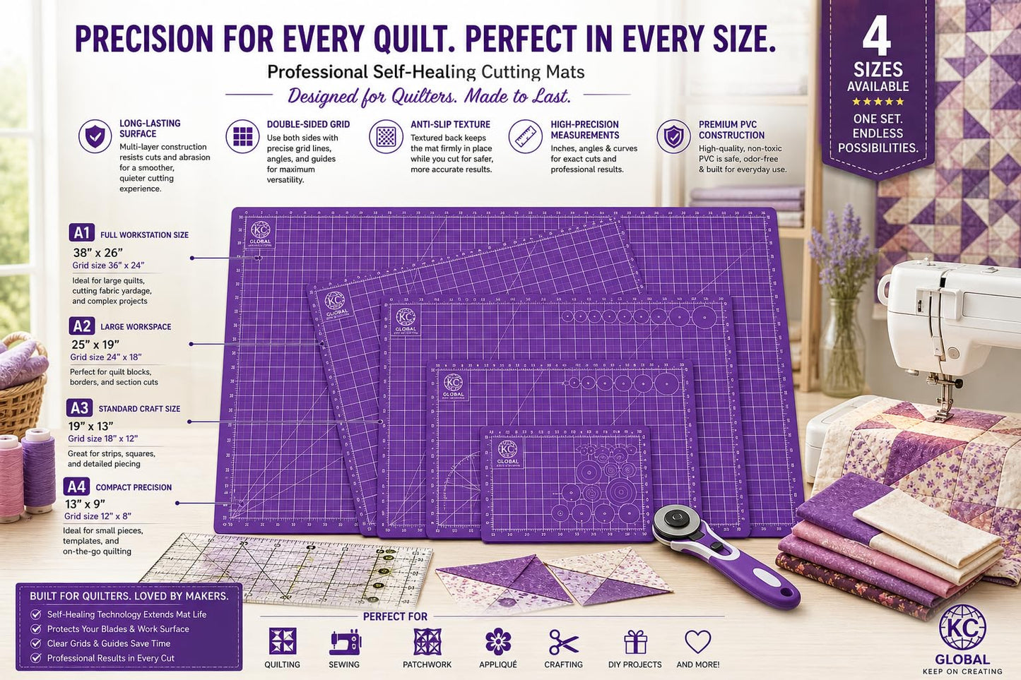 KC GLOBAL A3 (19"x13") Professional Grade Self-Healing Cutting Mat (Purple) - Odor-Free, Double-Sided, Eco-Friendly, Non-Slip, Premium Desk mat for DIY, Crafting, Model Building,and Art Projects