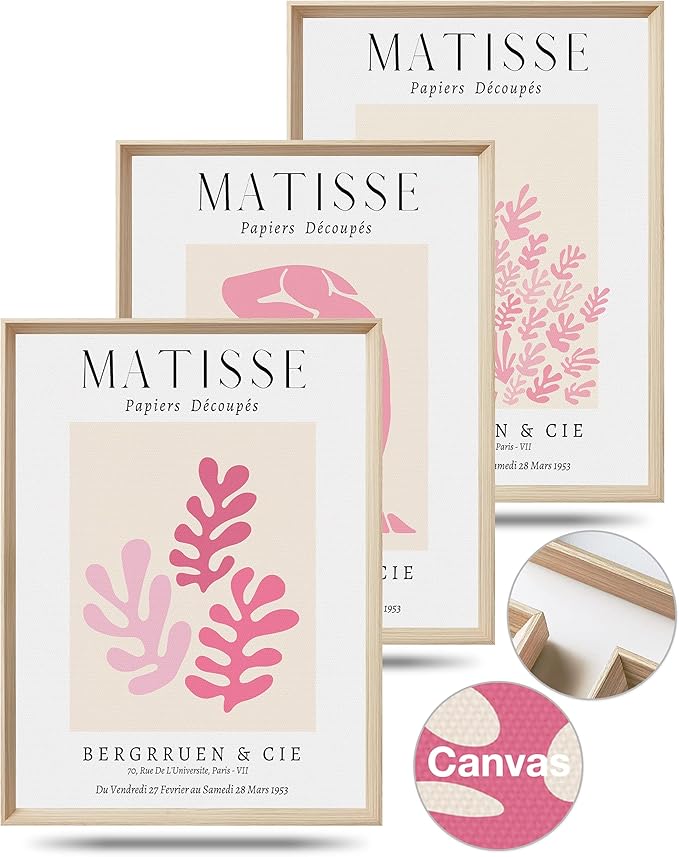 Framed Matisse Pink Canvas Wall Art,Abstract Matisse Canvas Wall Decor,16x12IN High Framed Wood Design Prints,Minimalist Wood Frame Posters for Living Room,Bedroom,Bathroom Set of 3